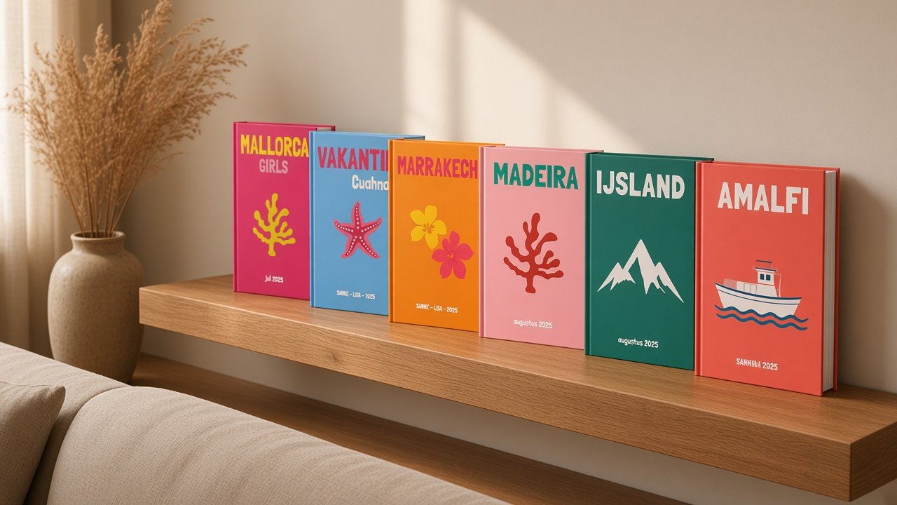 Hardcover vakantieboeken op een plank in een warme woonkamer — jouw reizen bewaard in de kast